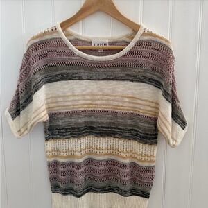 Olive + Oak Striped Short Sleeve Knit Sweater Boho Neutral Lightweight - Small